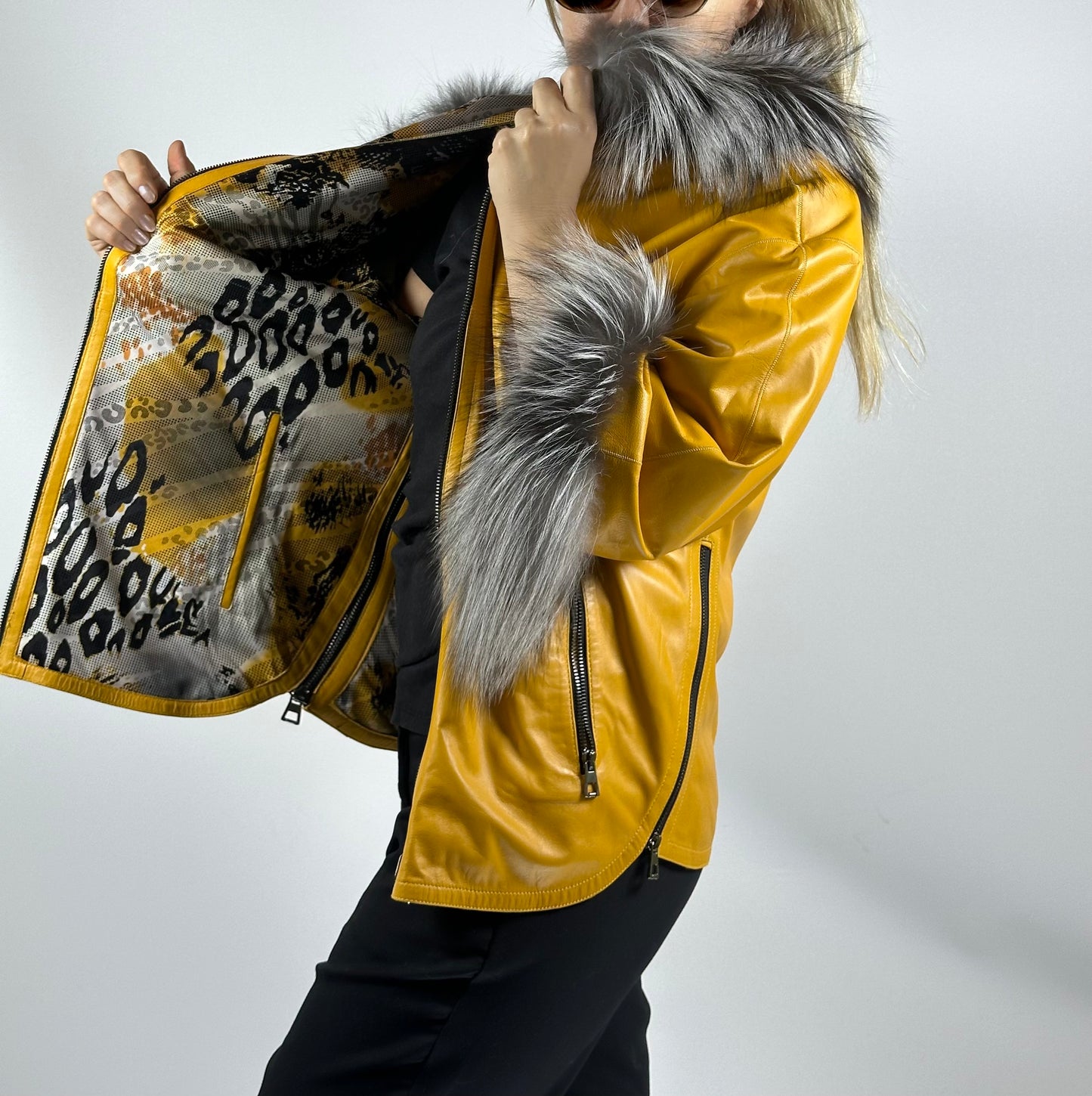 Reversible Leather Coat with Arctic Fox Fur ( Side zip )