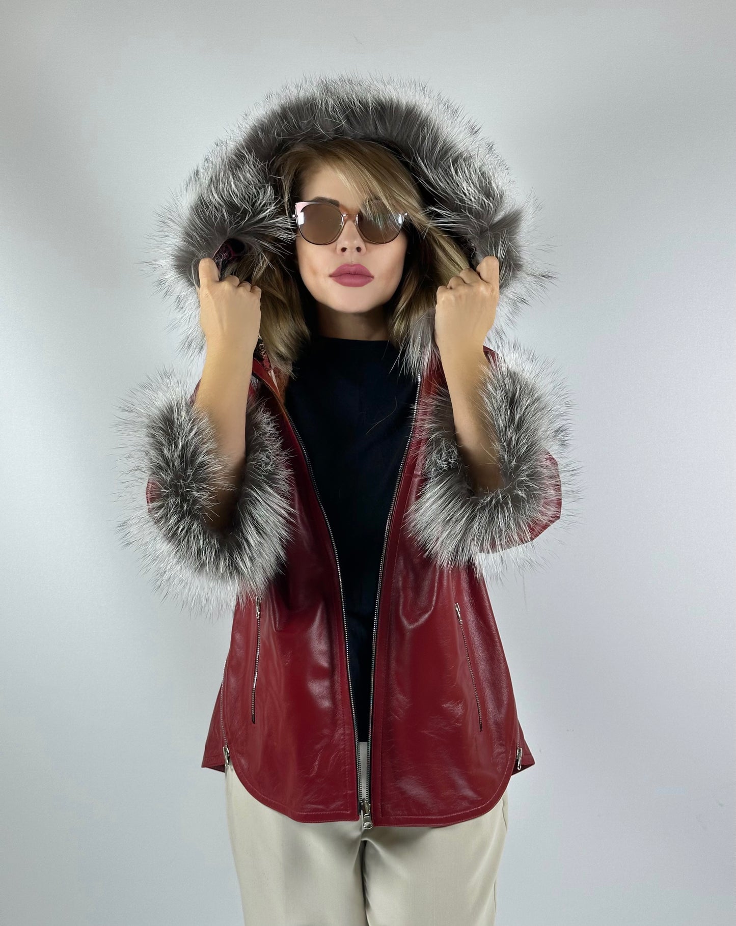 Reversible Leather Coat with Arctic Fox Fur ( Side zip )