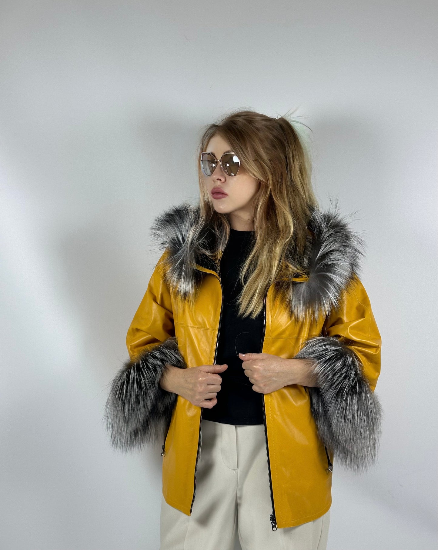 Reversible Leather Coat with Arctic Fox Fur ( Side zip )