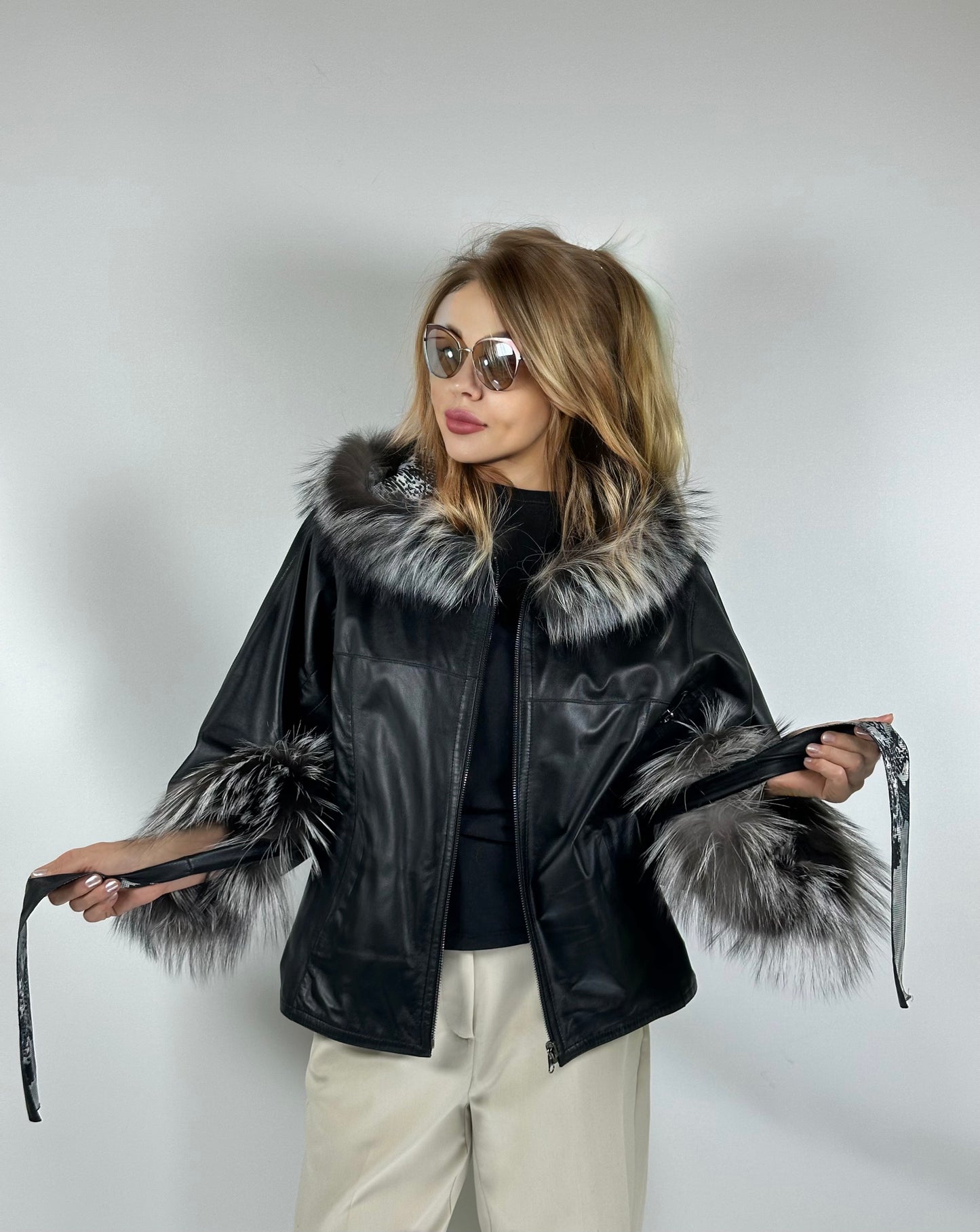 Reversible Leather Coat with Arctic Fox Fur