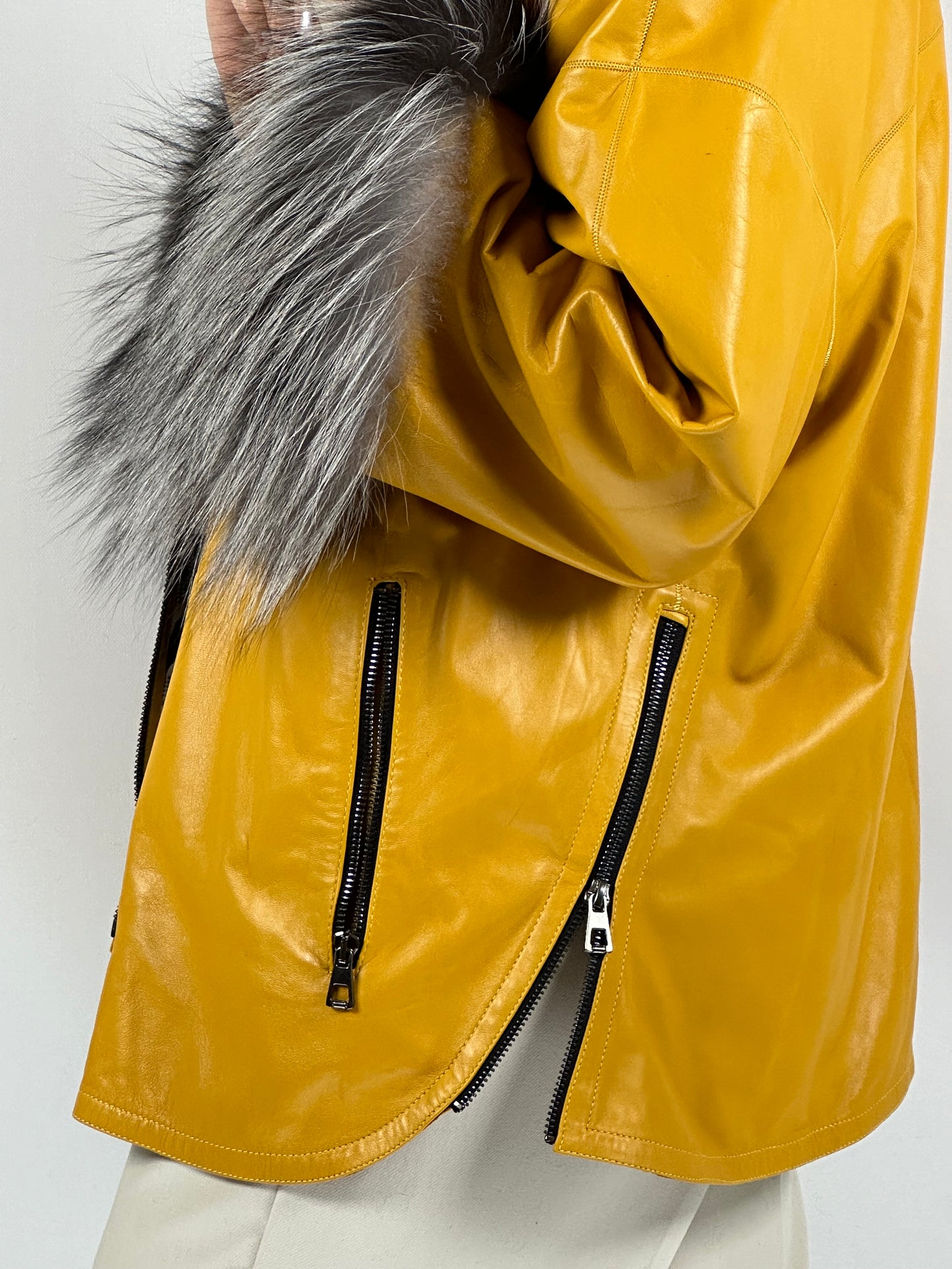 Reversible Leather Coat with Arctic Fox Fur ( Side zip )