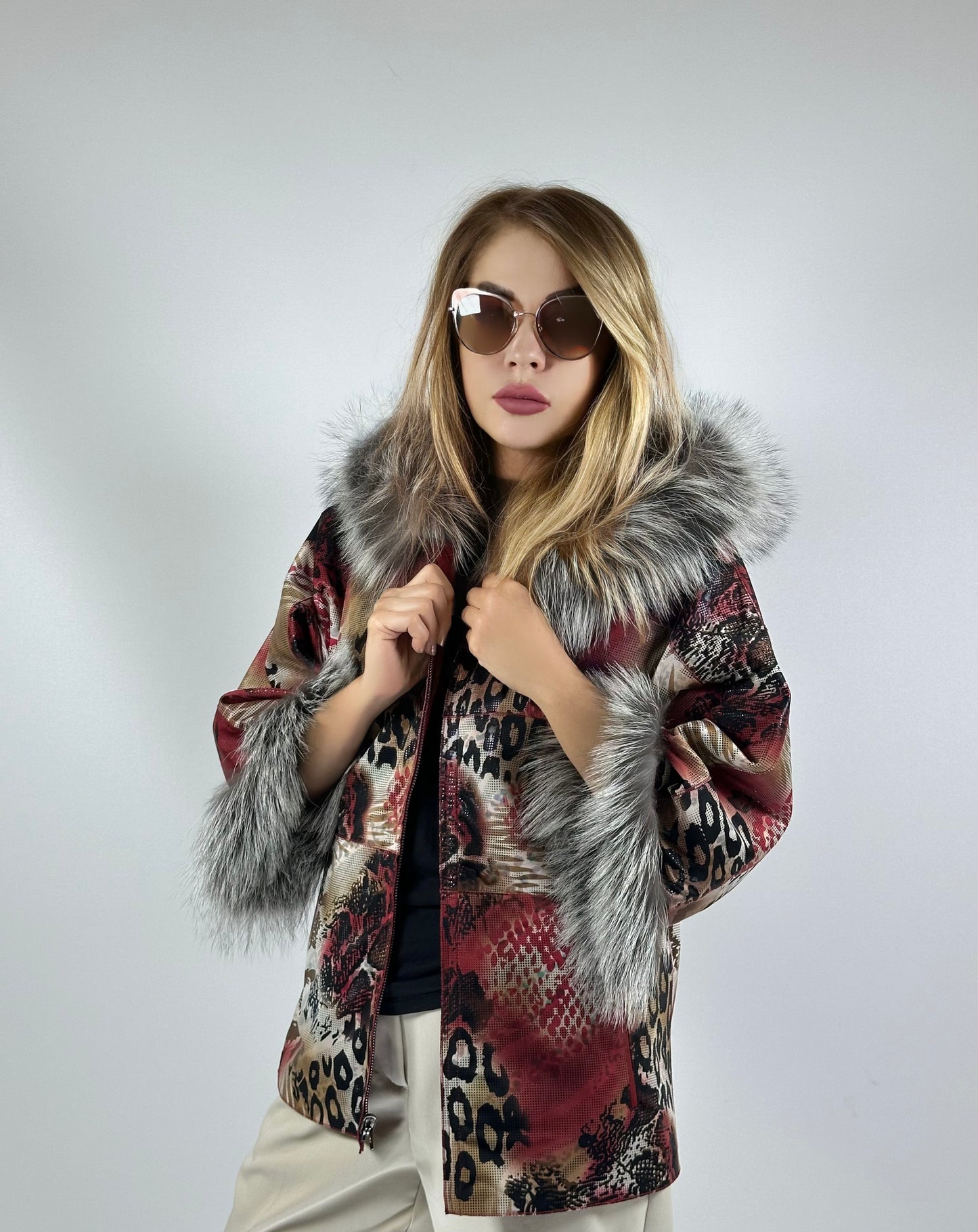 Reversible Leather Coat with Arctic Fox Fur ( Side zip )