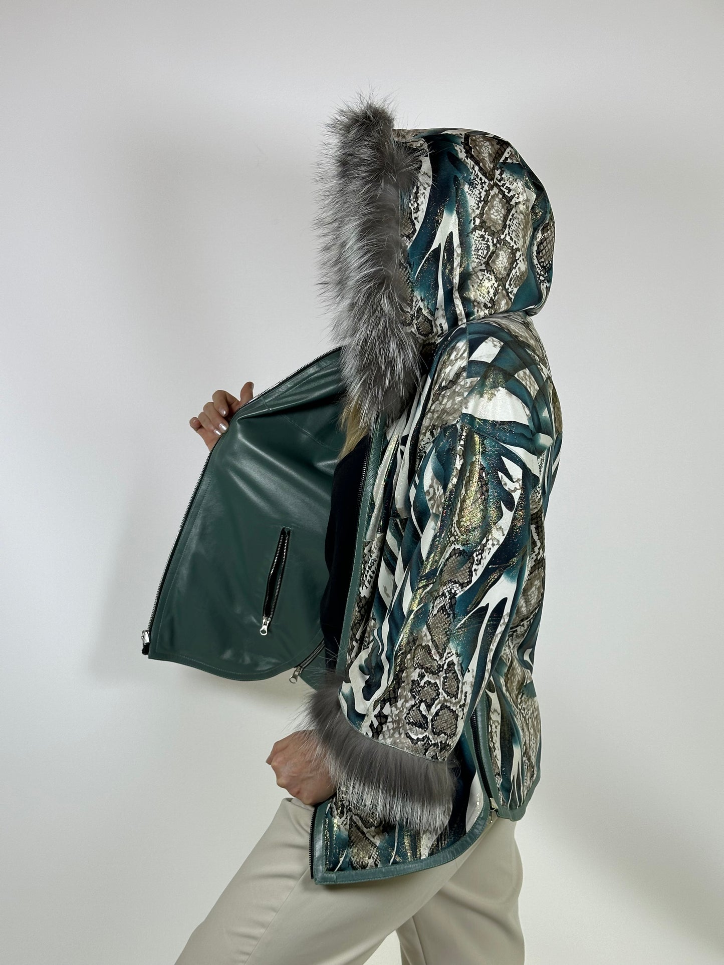 Reversible Leather Coat with Arctic Fox Fur ( Side zip )