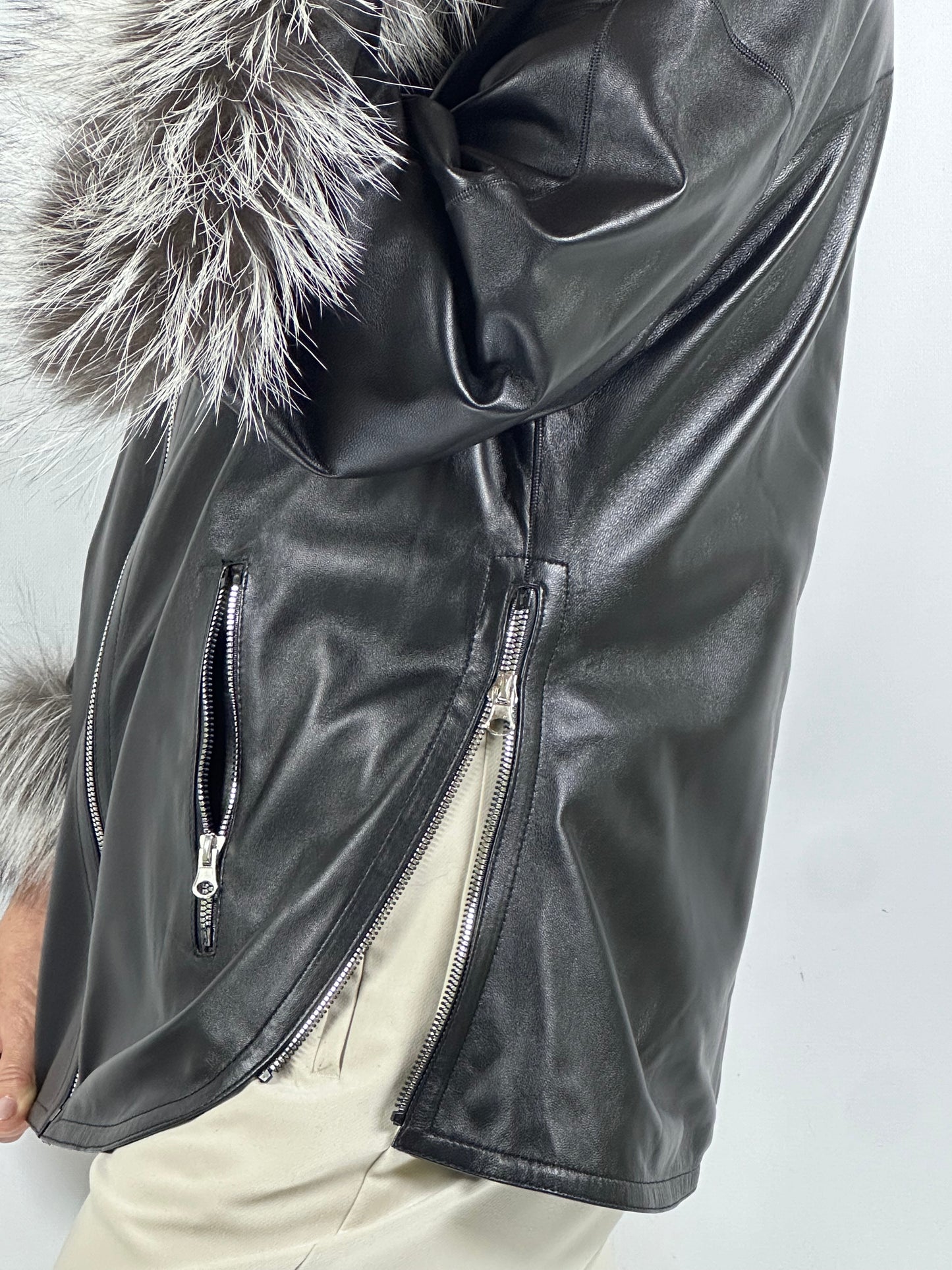 Reversible Leather Coat with Arctic Fox Fur ( Side zip )