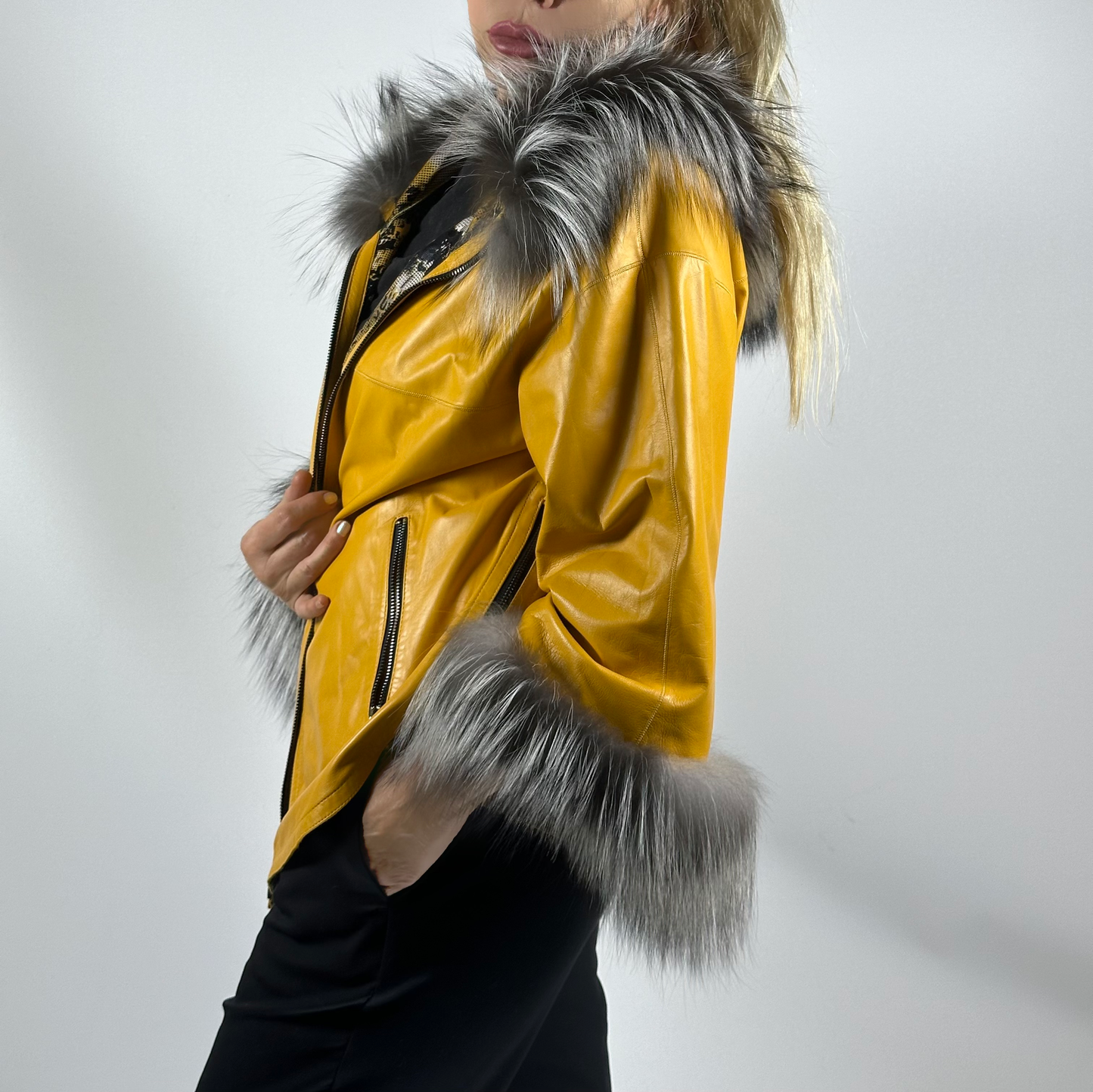 Reversible Leather Coat with Arctic Fox Fur ( Side zip )