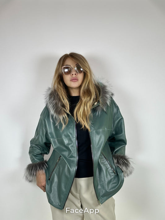 Reversible Leather Coat with Arctic Fox Fur ( Side zip )