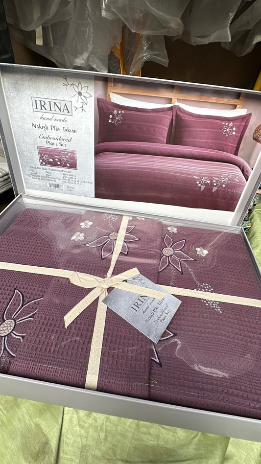 Elegant Plum Embroidered Piqué Bedding Set